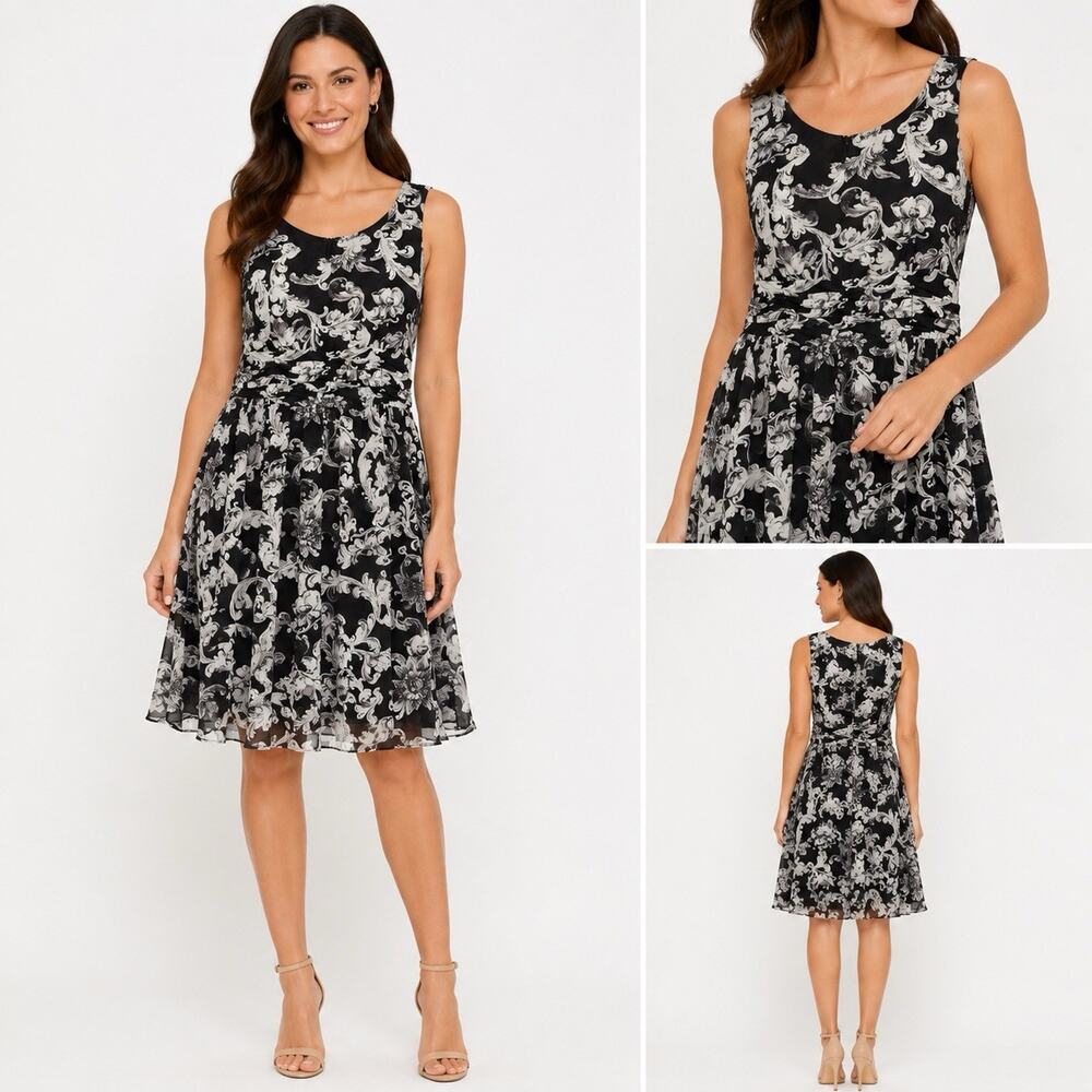 Studio I Women’s Black White Floral Scroll A-Line Dress Size 14 Vintage Inspired